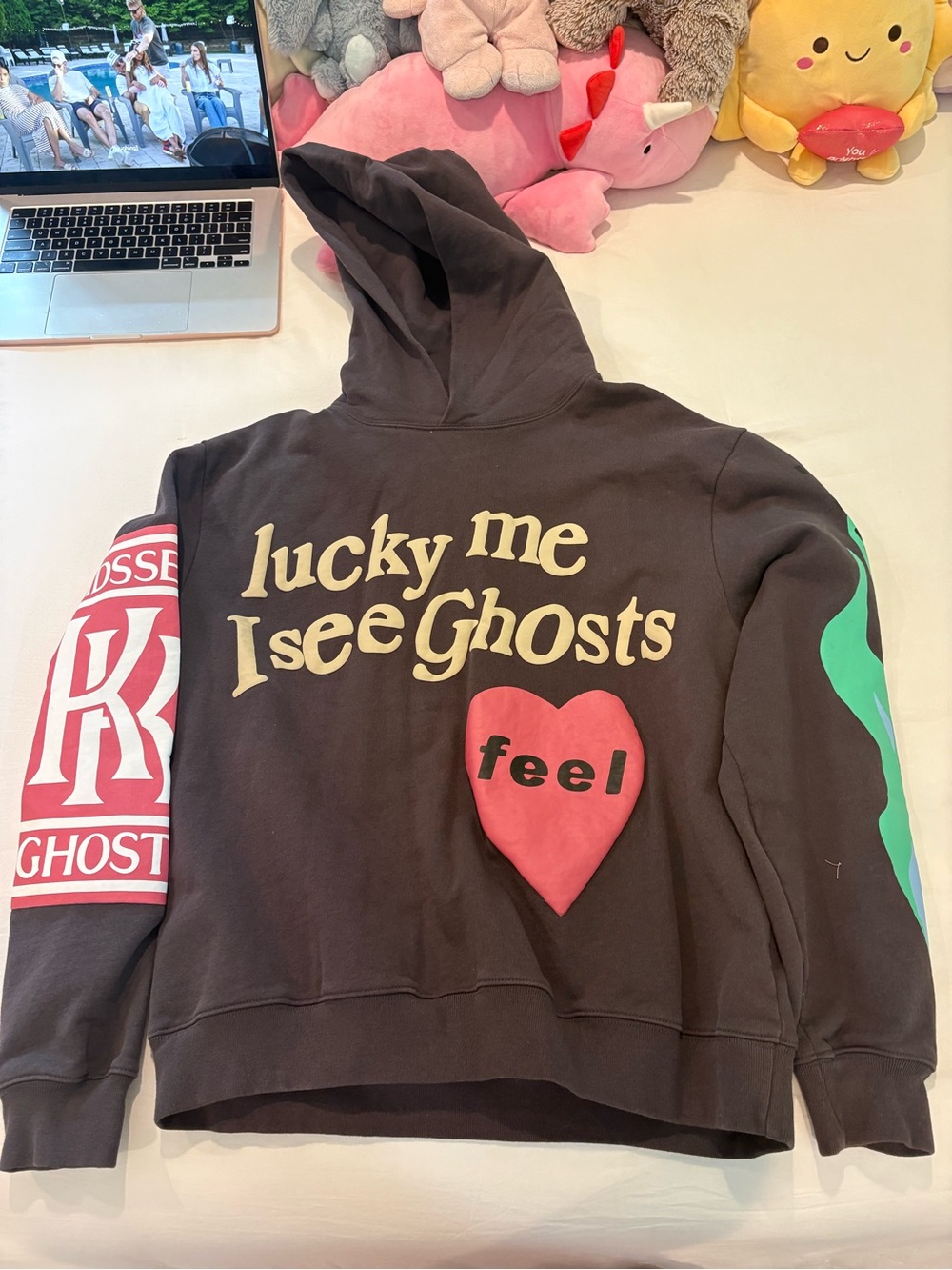 Lucky Me I See Ghosts Graphic Hoodie - Brown with Pink & Green Accents
